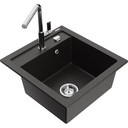 Mexen Vito 1-bowl granite kitchen sink with Flora kitchen tap, black/gold metallic - 6503-75-670401-00
