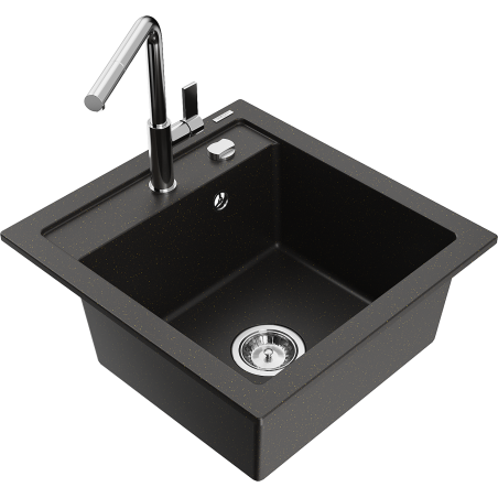 Mexen Vito Granitspüle 1-beckig mit Küchenarmatur Flora, schwarz/goldener Metallic - 6503-75-670401-00