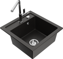 Mexen Vito Granitspüle 1-Becken mit Küchenarmatur Flora, schwarz/gold metallic - 6503-75-670401-00