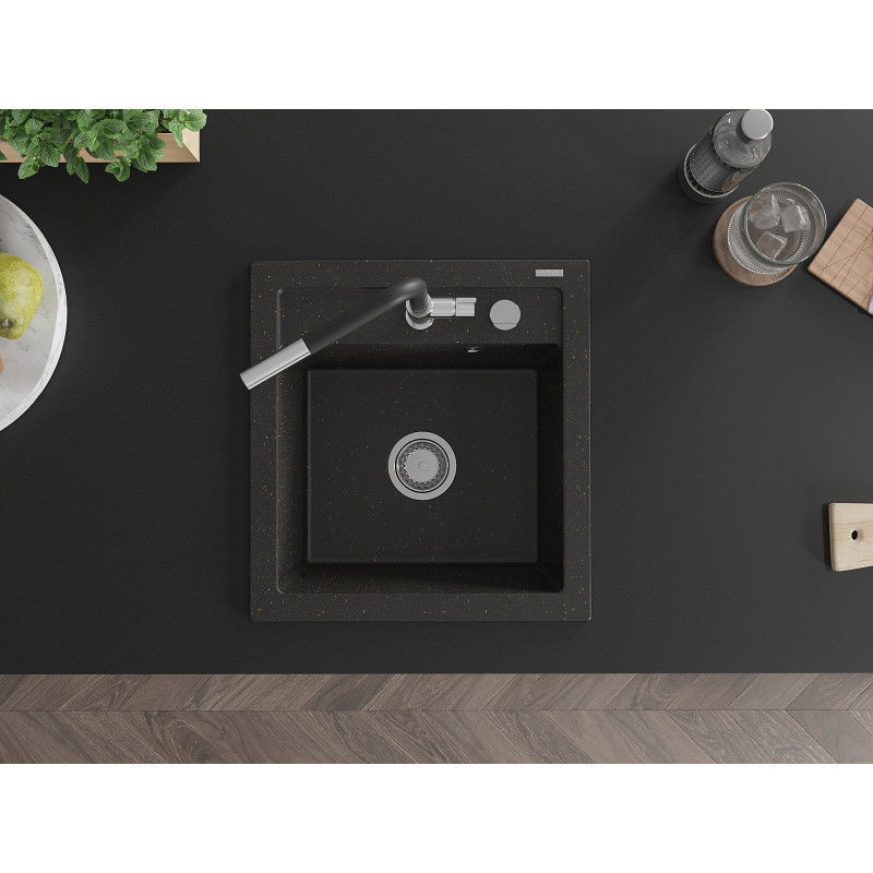 Mexen Vito lavello in granito 1 vasca con rubinetto cucina Flora, nero/oro metallizzato - 6503-75-670401-07