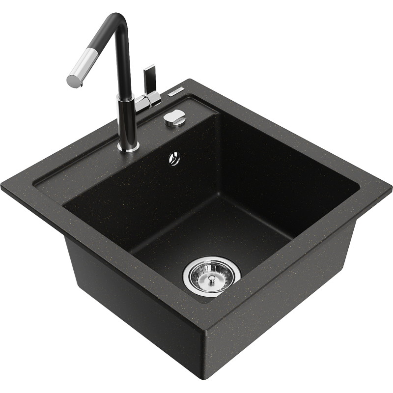 Mexen Vito fregadero de granito de 1 cubeta con grifo de cocina Flora, negro/dorado metálico - 6503-75-670401-07