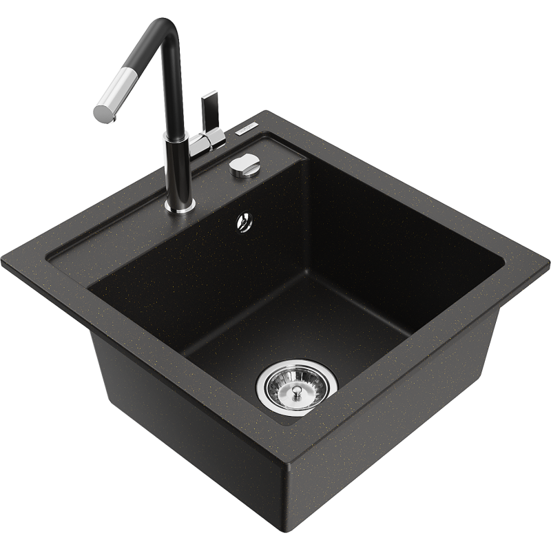 Mexen Vito Granitspüle 1-Kammer mit Küchenarmatur Flora, Schwarz/Gold Metallic - 6503-75-670401-07