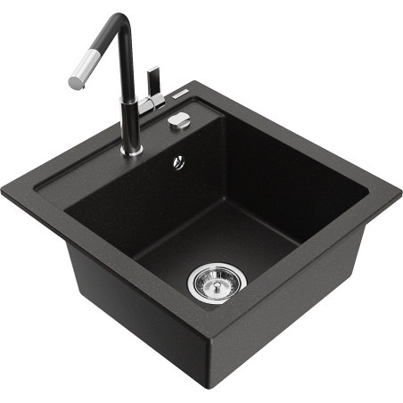 Mexen Vito Granitspüle 1-Kammer mit Küchenarmatur Flora, Schwarz/Gold Metallic - 6503-75-670401-07