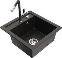 Mexen Vito Granitspüle 1-Kammer mit Küchenarmatur Flora, Schwarz/Gold Metallic - 6503-75-670401-07