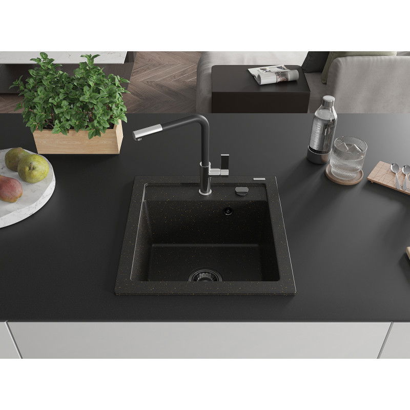 Mexen Vito Granitspulltisch 1-Komorab mat Kichekraan Flora, schwaarz/gëllen metalesch - 6503-75-670401-07-B