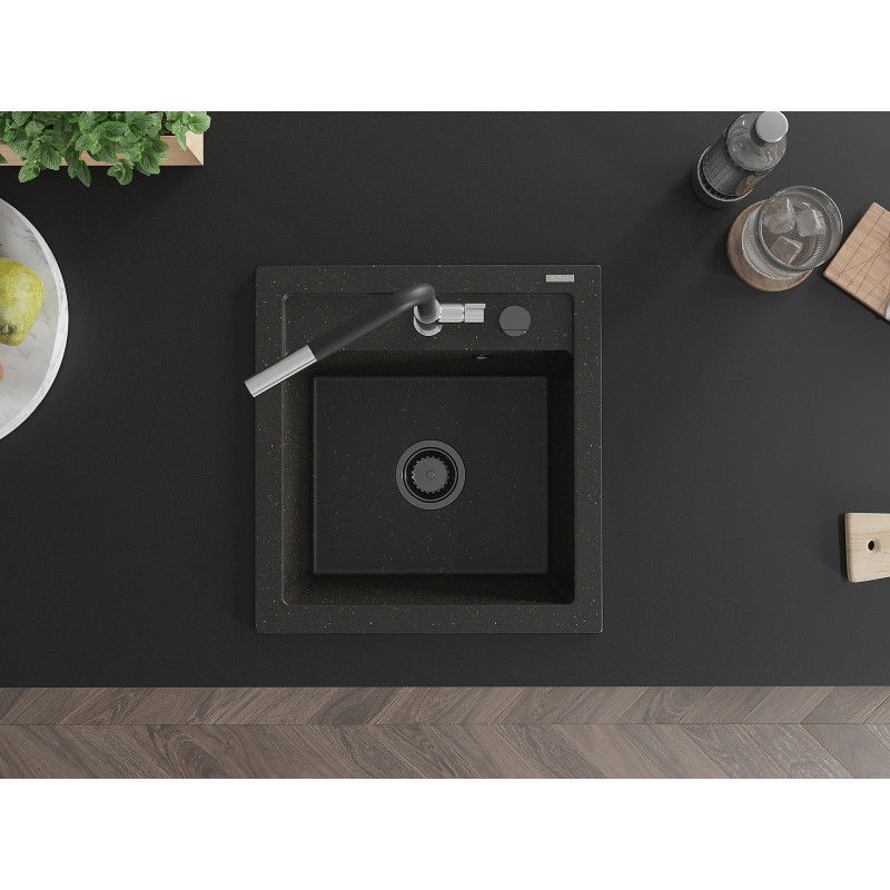 Mexen Vito granieten spoelbak 1-komers met keukenmengkraan Flora, zwart/goud metallic - 6503-75-670401-07-B