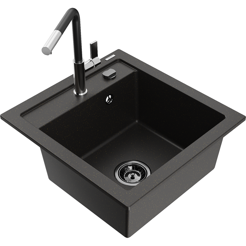 Mexen Vito fregadero de granito de 1 cubeta con grifo de cocina Flora, negro/dorado metálico - 6503-75-670401-07-B