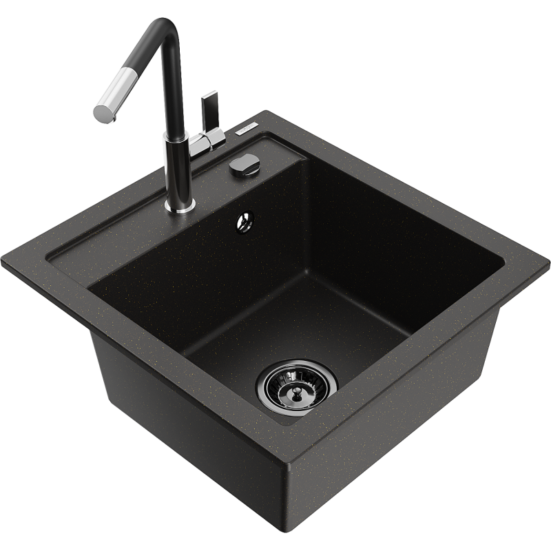Mexen Vito lava-loiça em granito de 1 câmara com torneira de cozinha Flora, preto/dourado metálico - 6503-75-670401-07-B