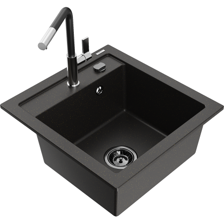 Mexen Vito granitische gootsteen met 1 bak en keukenkraan Flora, zwart/goud metallic - 6503-75-670401-07-B