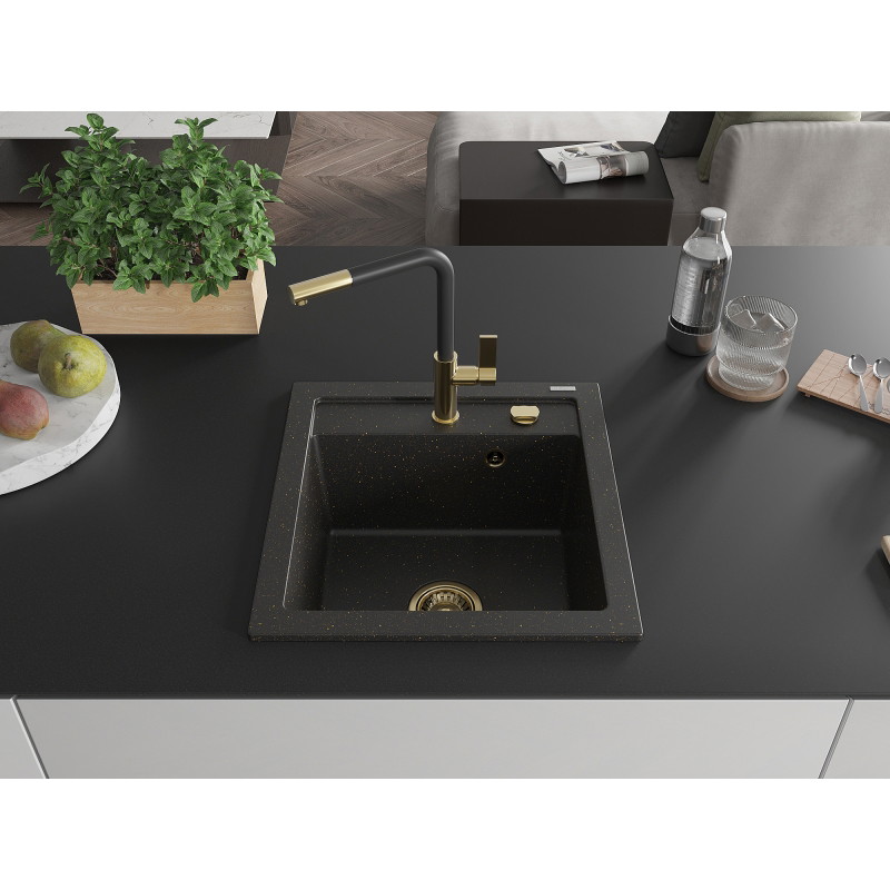Mexen Vito lavello in granito a 1 vasca con rubinetto da cucina Flora, nero/oro metallizzato - 6503-75-670401-57-G