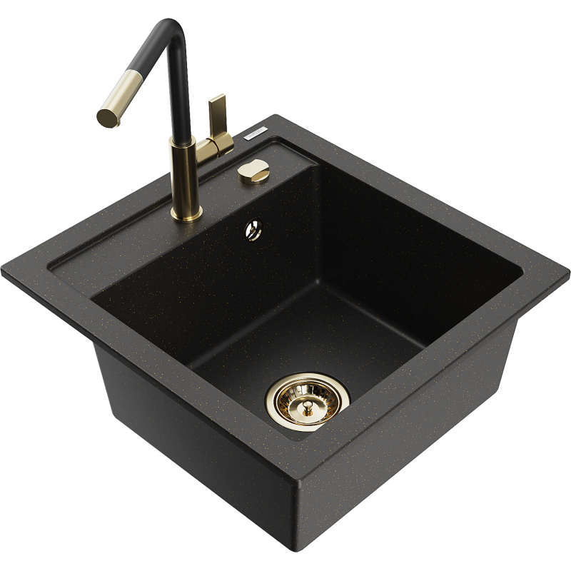 Mexen Vito Granitspüle 1-Becken mit Küchenarmatur Flora, schwarz/gold metallic - 6503-75-670401-57-G