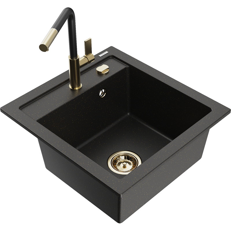 Mexen Vito lavello in granito a 1 vasca con rubinetto da cucina Flora, nero/oro metallizzato - 6503-75-670401-57-G