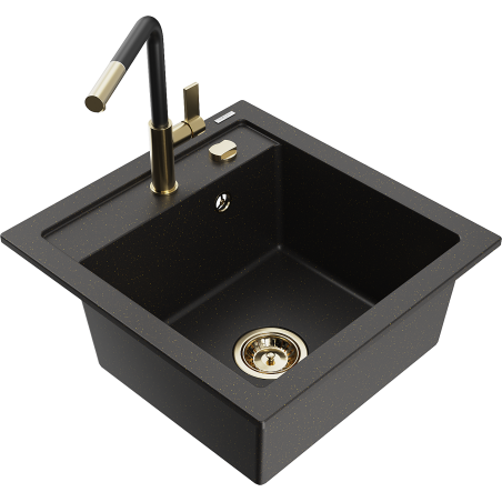 Mexen Vito Granitspüle 1-Becken mit Küchenarmatur Flora, schwarz/gold metallic - 6503-75-670401-57-G