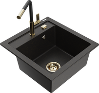 Mexen Vito Granitspüle 1-Becken mit Küchenarmatur Flora, schwarz/gold metallic - 6503-75-670401-57-G