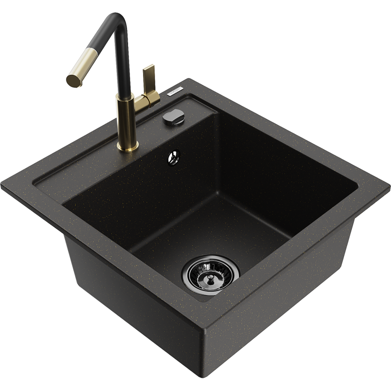 Mexen Vito fregadero de cocina de granito de 1 seno con grifo de cocina Flora, negro/dorado metálico - 6503-75-670401-57-B