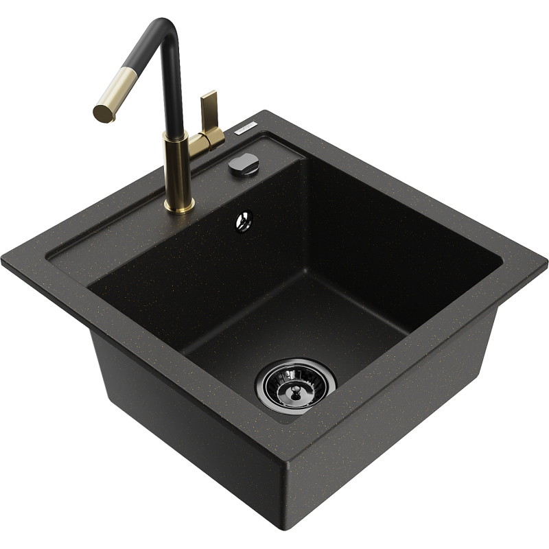 Mexen Vito fregadero de granito de 1 cubeta con grifo de cocina Flora, negro/dorado metálico - 6503-75-670401-57-B
