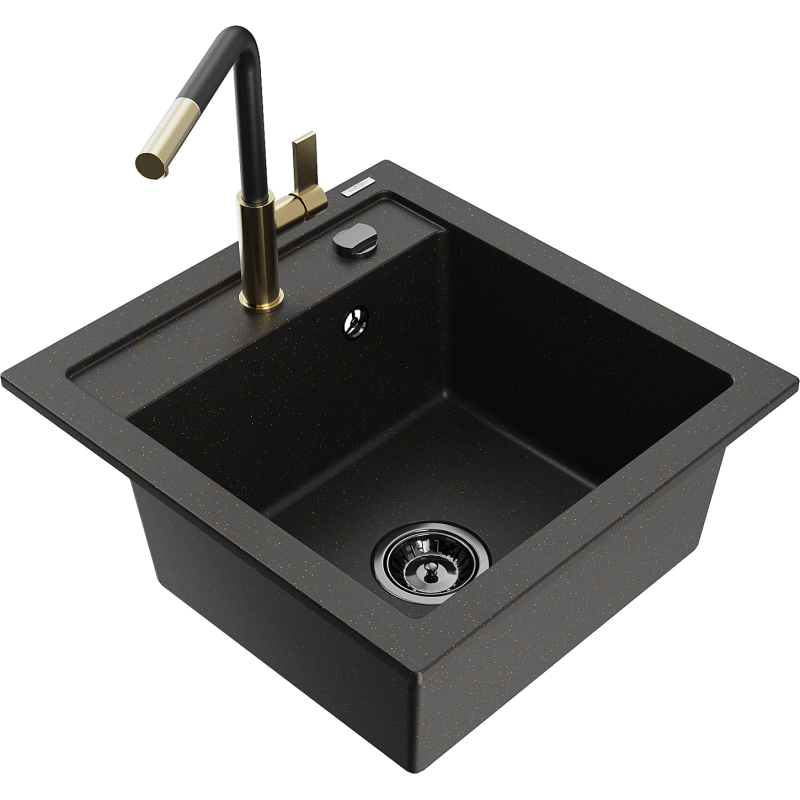 Mexen Vito Granite Sink 1-Bowl with Flora Kitchen Tap, Black/Gold Metallic - 6503-75-670401-57-B
