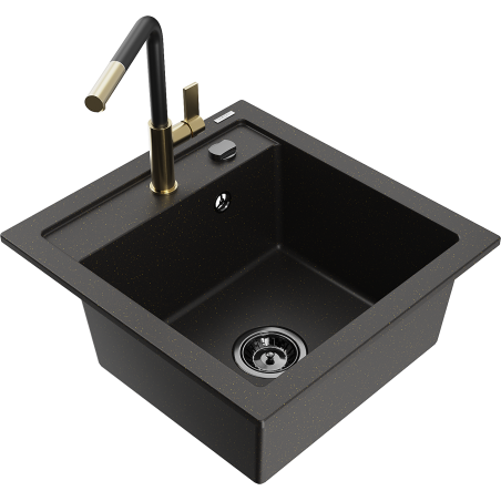 Mexen Vito fregadero de granito de 1 cubeta con grifo de cocina Flora, negro/dorado metálico - 6503-75-670401-57-B