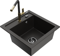 Mexen Vito Granitspüle 1-Becken mit Küchenarmatur Flora, schwarz/gold Metallic - 6503-75-670401-57-B