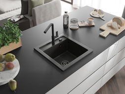 Mexen Vito Granitspüle 1-Becken mit Küchenarmatur Flora, Schwarz/Gold Metallic - 6503-75-670401-70-B