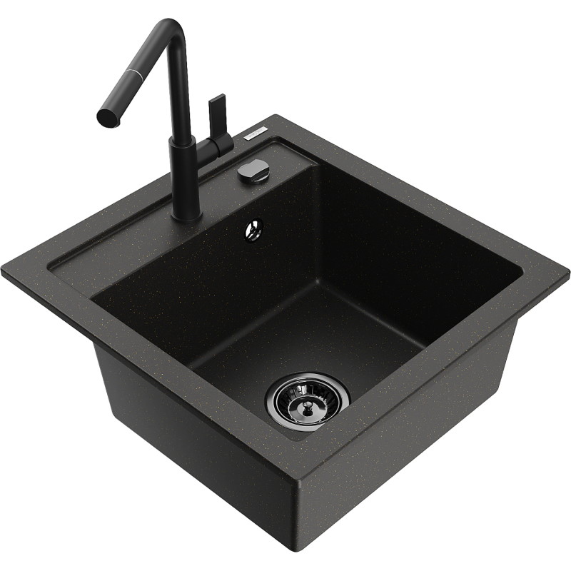 Mexen Vito granit gootsteen 1-kompartiment met keukenmengkraan Flora, zwart/goud metallic - 6503-75-670401-70-B