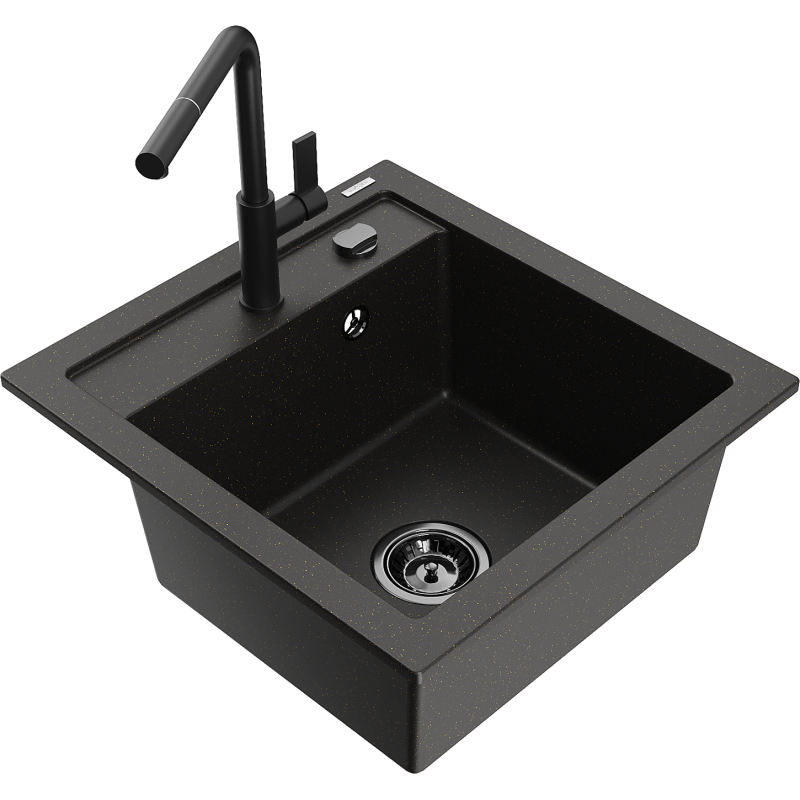 Mexen Vito lavello in granito a 1 vasca con rubinetto da cucina Flora, nero/oro metallizzato - 6503-75-670401-70-B