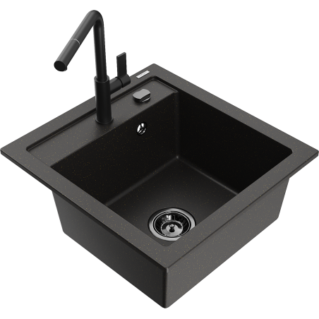 Mexen Vito fregadero de granito de 1 cubeta con grifo de cocina Flora, negro/dorado metálico - 6503-75-670401-70-B