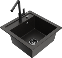 Mexen Vito granite kitchen sink, 1-bowl with Flora kitchen faucet, black/golden metallic - 6503-75-670401-70-B