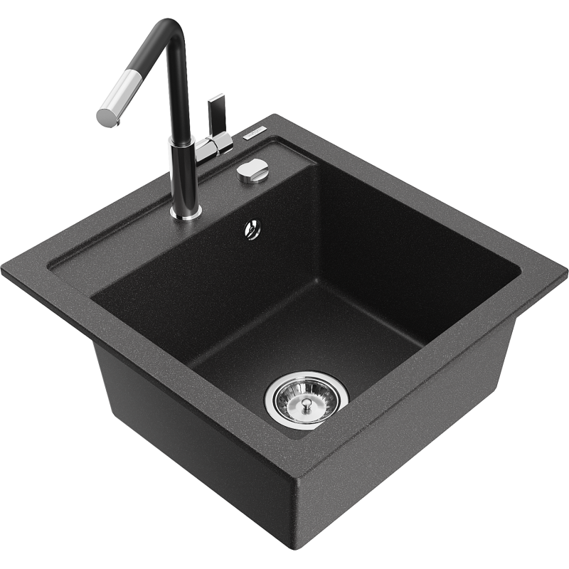 Mexen Vito fregadero de granito de 1 seno con grifo de cocina Flora, negro moteado - 6503-76-670401-07