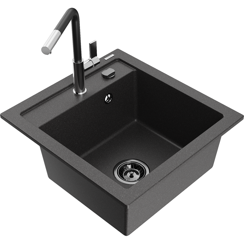 Mexen Vito fregadero de granito de 1 compartimento con grifo de cocina Flora, negro moteado - 6503-76-670401-07-B