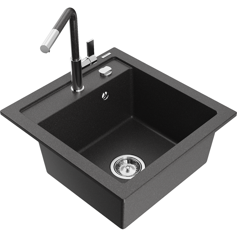 Mexen Vito Granitspüle 1-Becken mit Küchenarmatur Flora, schwarz gesprenkelt - 6503-76-670401-08