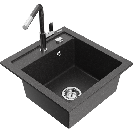 Mexen Vito Granitspüle 1-Becken mit Küchenarmatur Flora, schwarz gesprenkelt - 6503-76-670401-08