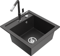 Mexen Vito Granitspüle 1-Becken mit Küchenarmatur Flora, schwarz gesprenkelt - 6503-76-670401-08
