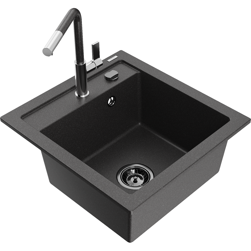 Mexen Vito Granitspüle 1-Becken mit Küchenarmatur Flora, schwarz gesprenkelt - 6503-76-670401-08-B