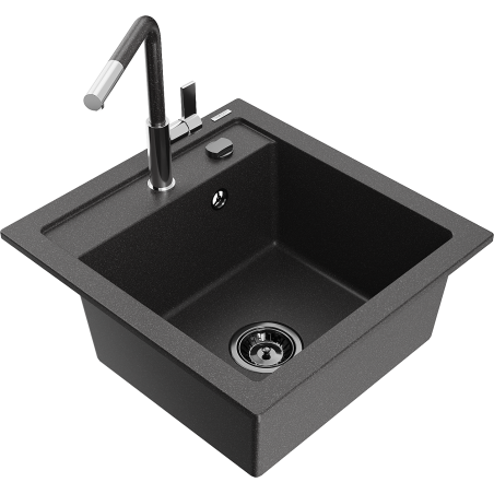 Mexen Vito Granitspüle 1-Becken mit Küchenarmatur Flora, schwarz gesprenkelt - 6503-76-670401-08-B