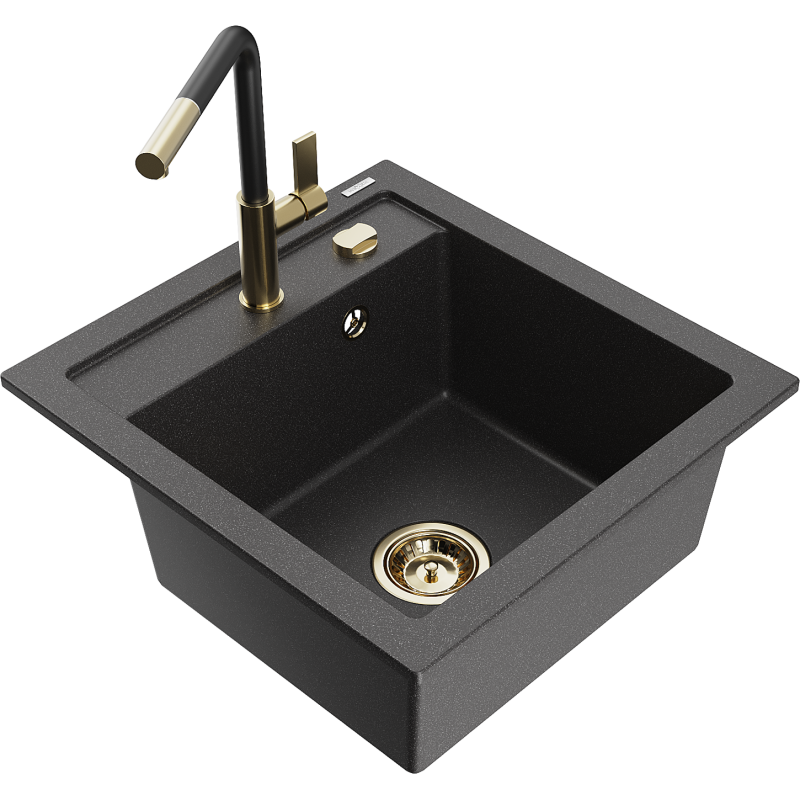 Mexen Vito 1-bowl granite kitchen sink with Flora kitchen tap, black flecked - 6503-76-670401-57-G