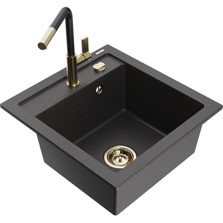 Mexen Vito 1-bowl granite kitchen sink with Flora kitchen tap, black flecked - 6503-76-670401-57-G