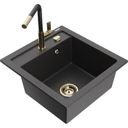 Mexen Vito granitische spoelbak 1-komorige met keukenkraan Flora, zwart gespikkeld - 6503-76-670401-57-G