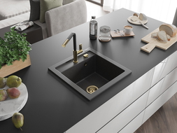 Mexen Vito Granit-Spüle 1-beckig mit Küchenarmatur Flora, schwarz gesprenkelt - 6503-76-670401-57-G