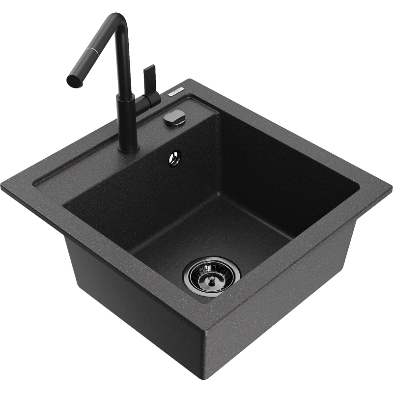 Mexen Vito fregadero de granito de una cubeta con grifo de cocina Flora, negro moteado - 6503-76-670401-70-B