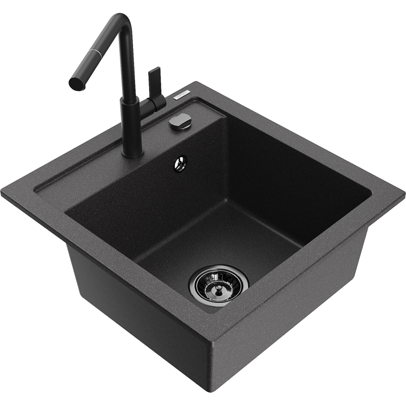 Mexen Vito Granite Sink 1-Bowl with Flora Kitchen Faucet, Black Speckled - 6503-76-670401-70-B