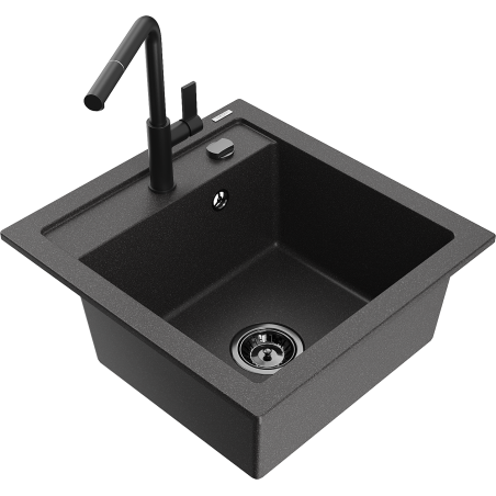 Mexen Vito Granite Sink 1-Bowl with Flora Kitchen Faucet, Black Speckled - 6503-76-670401-70-B