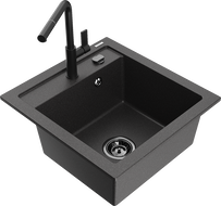 Mexen Vito Granitspüle 1-Becken mit Küchenarmatur Flora, schwarz gesprenkelt - 6503-76-670401-70-B