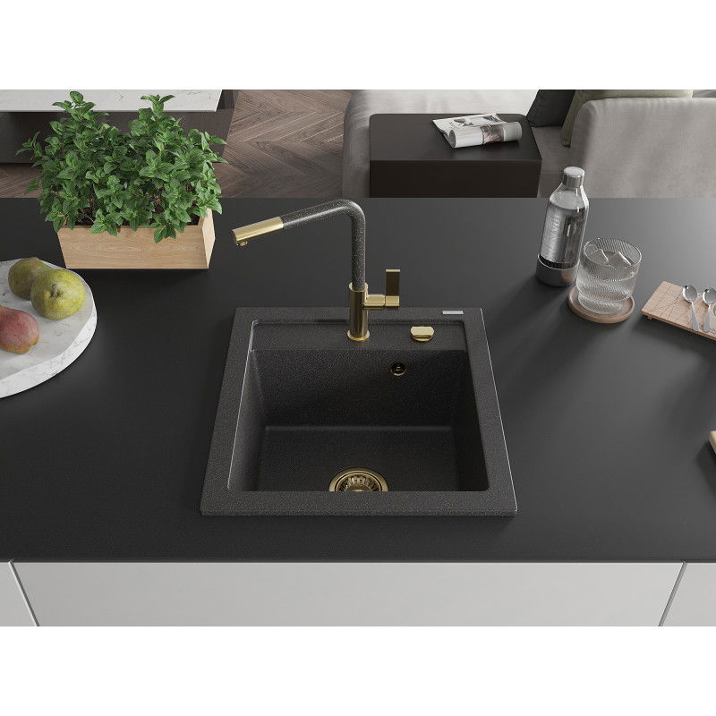 Mexen Vito granite sink 1-bowl with Flora kitchen tap, black speckled - 6503-76-670401-75-G