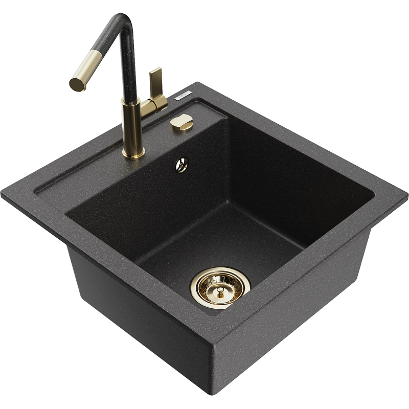 Mexen Vito granite sink 1-bowl with Flora kitchen tap, black speckled - 6503-76-670401-75-G
