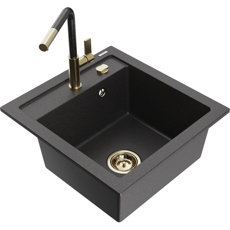 Mexen Vito granite sink 1-bowl with Flora kitchen tap, black speckled - 6503-76-670401-75-G