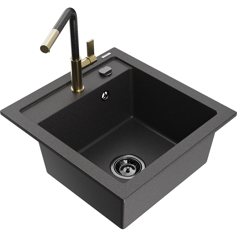 Mexen Vito lava-louça de granito de 1 cuba com torneira de cozinha Flora, preto salpicado - 6503-76-670401-75-B