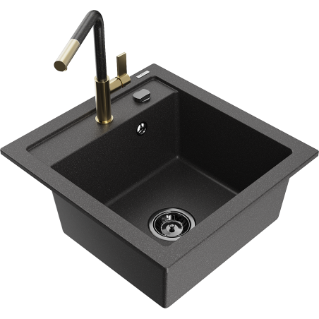 Mexen Vito évier en granit à 1 bac avec robinet de cuisine Flora, noir moucheté - 6503-76-670401-75-B
