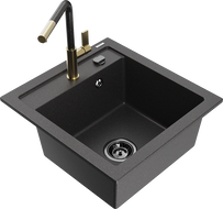 Mexen Vito 1-bowl granite kitchen sink with Flora faucet, black speckled - 6503-76-670401-75-B