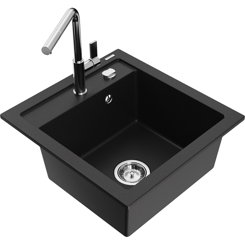 Mexen Vito lavello in granito 1-vasca con rubinetto da cucina Flora, nero - 6503-77-670401-00